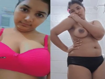 Chubby girl wears bra and new dresses before nude